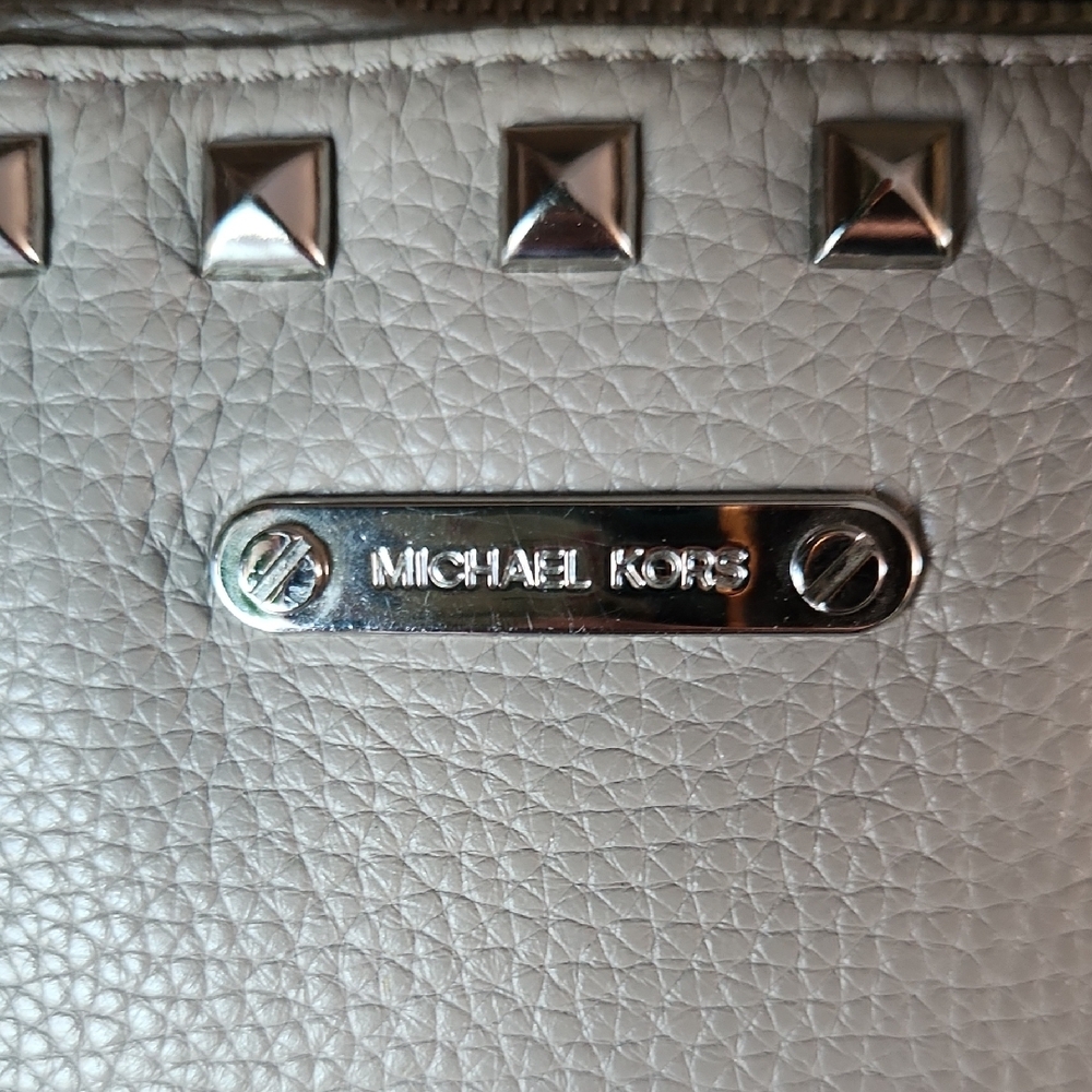 Michael Kors Sandrine Light Gray Studded Pebble Leather Satchel - Picture 2 of 14